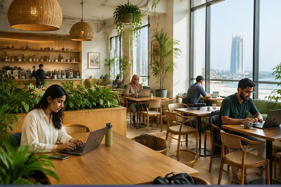 People working on laptops in a leafy city café