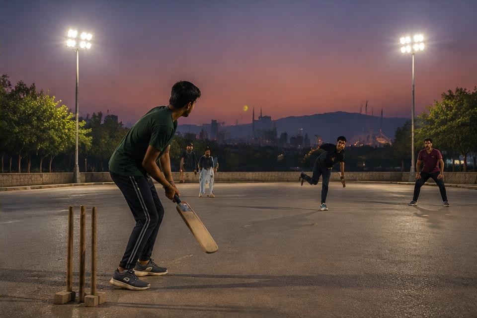 Street cricket players under evening floodlights