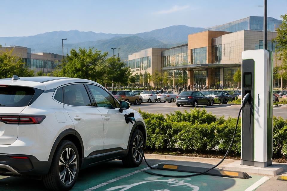 An electric car at a shopping mall charging station
