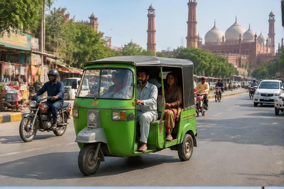 A green rickshaw on a busy Lahore street