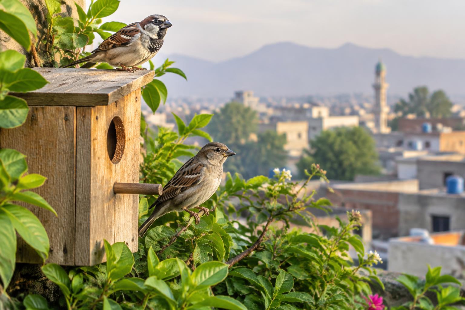 House sparrows beside an urban rooftop nesting box