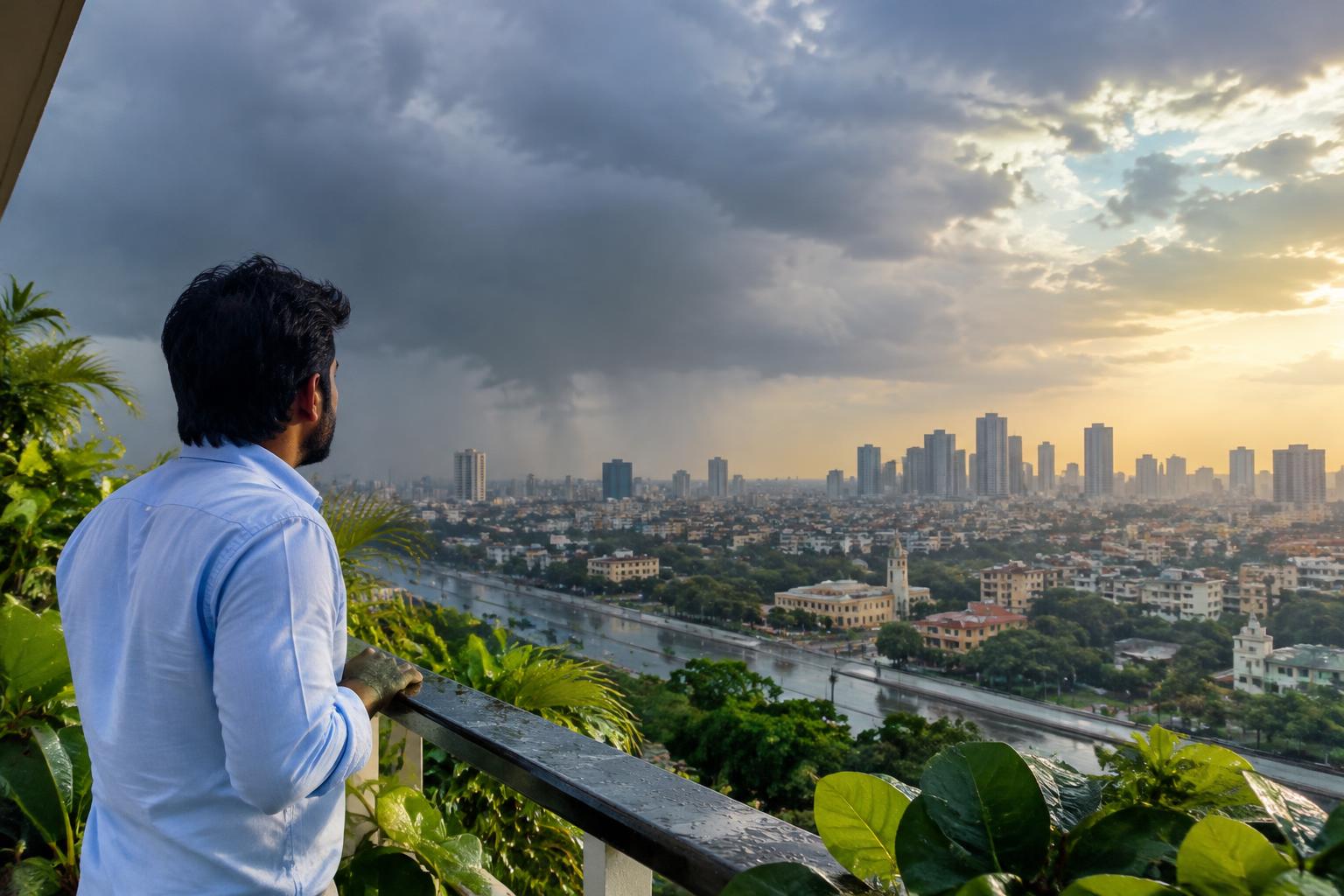An observer watching changing weather over Karachi from a balcony